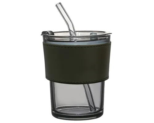 Стакан стеклянный с трубочкой и капхолдером Karamel, зелёный
