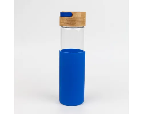 Бутылка стеклянная с силиконовой манжетой и бамбуковой крышкой  Glass, синяя