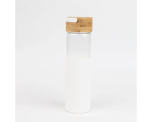Бутылка стеклянная с силиконовой манжетой и бамбуковой крышкой  Glass, белая