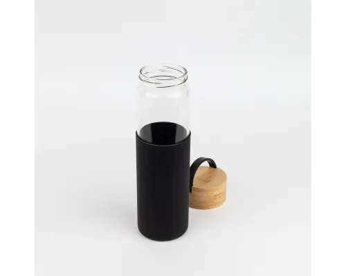 Бутылка стеклянная с силиконовой манжетой и бамбуковой крышкой Glass, черная Бутылка стеклянная с силиконовой манжетой и бамбуковой крышкой Glass, черная