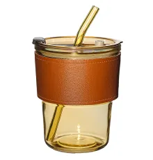 Стакан стеклянный с трубочкой и капхолдером Karamel, золотой