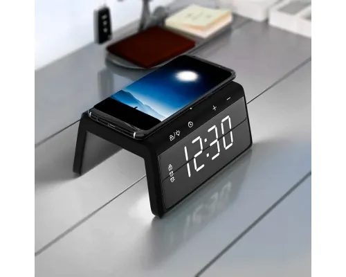 Часы настольные Bridge с функцией беспроводной зарядки, черный