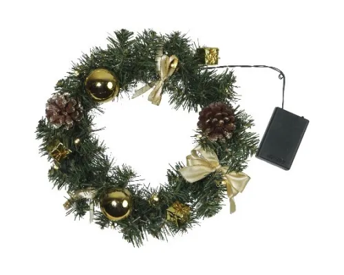 Венок еловый DECORAGE, диаметр 30 см, 10 LED ламп, на батарейках, зелёная хвоя, золотистые украшения