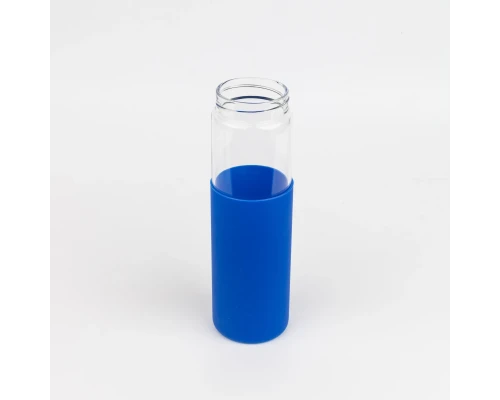 Бутылка стеклянная с силиконовой манжетой и бамбуковой крышкой  Glass, синяя