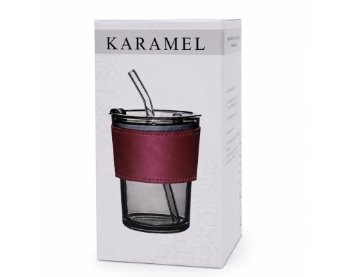 Стакан стеклянный с трубочкой и капхолдером Karamel, бордовый.