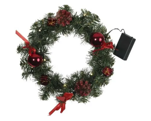 Венок еловый DECORAGE, диаметр 30 см, 10 LED ламп, на батарейках, зелёная хвоя, красные украшения 60