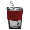 Стакан стеклянный с трубочкой и капхолдером Karamel, бордовый