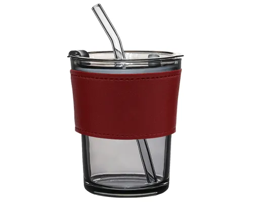 Стакан стеклянный с трубочкой и капхолдером Karamel, бордовый