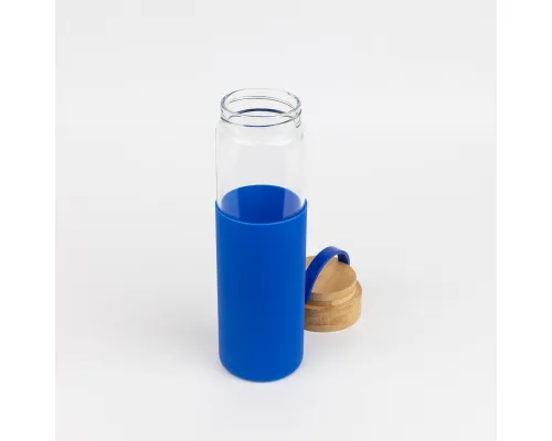 Бутылка стеклянная с силиконовой манжетой и бамбуковой крышкой Glass, синяя Бутылка стеклянная с силиконовой манжетой и бамбуковой крышкой Glass, синяя