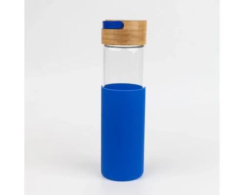 Бутылка стеклянная с силиконовой манжетой и бамбуковой крышкой  Glass, синяя