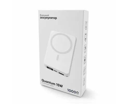 Магнитный внешний аккумулятор Quantum с беспроводной зарядкой (15W), 10000 Mah, белый