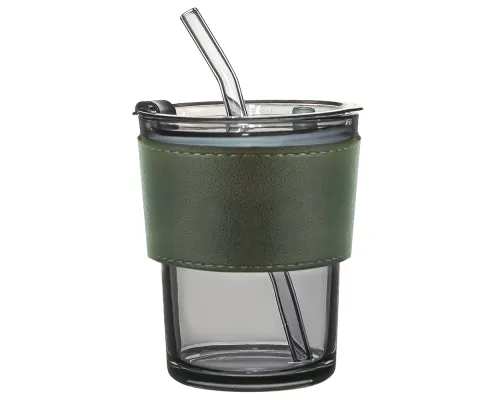 Стакан стеклянный с трубочкой и капхолдером Karamel, зелёный