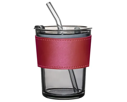 Стакан стеклянный с трубочкой и капхолдером Karamel, бордовый