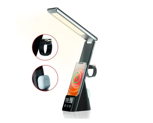 Настольная лампа с беспроводными зарядками, часами и будильником Zeus