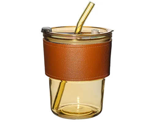 Стакан стеклянный с трубочкой и капхолдером Karamel, золотой