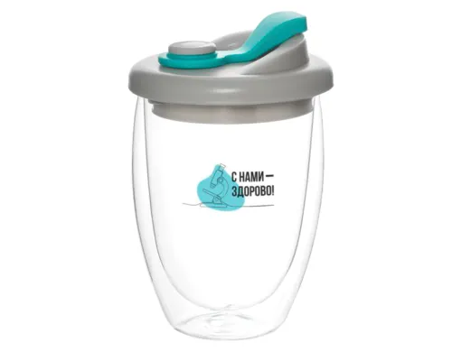 Стакан стеклянный Lotos с двойными стенками и крышкой, голубой
