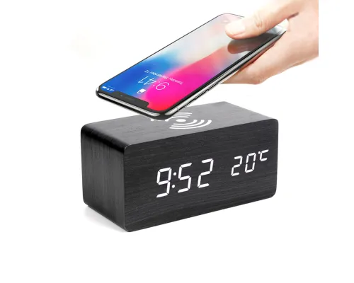 Многофункциональные часы - погодная станция с беспроводной зарядкой, черный