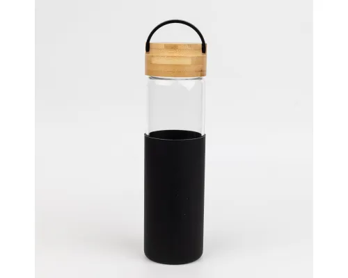 Бутылка стеклянная с силиконовой манжетой и бамбуковой крышкой  Glass, черная