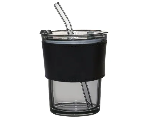 Стакан стеклянный с трубочкой и капхолдером Karamel, черный
