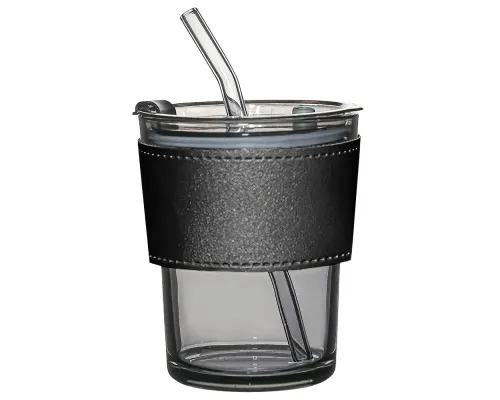 Стакан стеклянный с трубочкой и капхолдером Karamel, черный