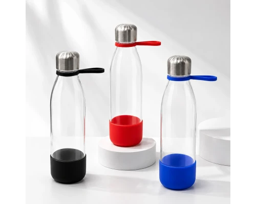 Бутылка стеклянная с манжетой и держателем Glassy, синяя