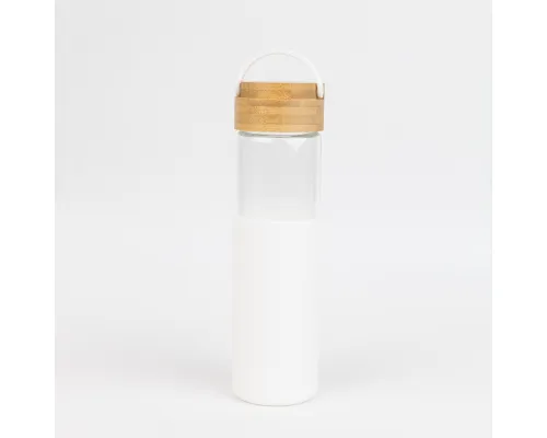 Бутылка стеклянная с силиконовой манжетой и бамбуковой крышкой  Glass, белая