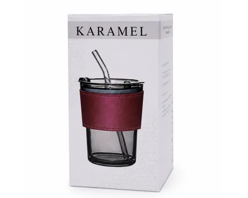 Стакан стеклянный с трубочкой и капхолдером Karamel, бордовый.