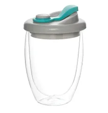 Стакан стеклянный Lotos с двойными стенками и крышкой, голубой