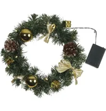 Венок еловый DECORAGE, диаметр 30 см, 10 LED ламп, на батарейках, зелёная хвоя, золотистые украшения