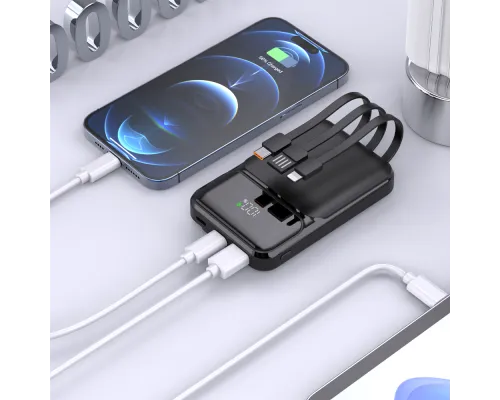 Внешний аккумулятор (powerbank) «Lumen», софт тач, 10 000 mAH, с тремя зарядными шнурами, 22,5W super fast charge, Power Delivery (PD) 20W (dfnn), QC3.0, черный