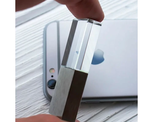 Флеш накопитель USB 2.0 Кристалл, металл/стекло, прозрачный/серебристый, подсветка белым,16 GB