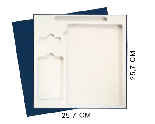 Коробка подарочная Solution Superior Linen, темно-синяя, 25,7x25,7, с вырубкой под ежедневник/ручку/флешку/пауэрбанк 7,0х11,7