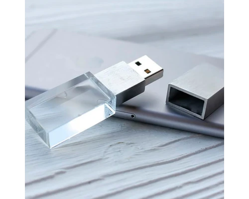 Флеш накопитель USB 2.0 Кристалл, металл/стекло, прозрачный/серебристый, подсветка белым,16 GB