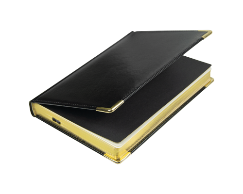 Ежедневник полудатированный Classic Pristine Gold А5, черный с золотом, с металлическими уголками, в твердой обложке с поролоном Ежедневник полудатированный Classic Pristine Gold А5, черный с золотом, с металлическими уголками, в твердой обложке с поролоном