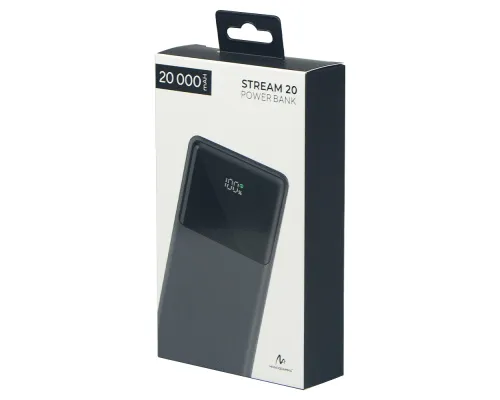 Внешний аккумулятор (powerbank) «Stream 20», 20 000 mAH, с двумя зарядными шнурами,  22,5W (Ватт)  super fast charge, Power Delivery (PD) 25.5W (dfnn), c цифровым дисплеем для контроля заряда, черный