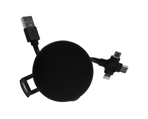 Кабель зарядный выдвижной USB Wingle  3-в-1 на Lightning, Micro-USB, Type-C «U50»  2,4 A, Quick Charge с подставкой для телефона, черный