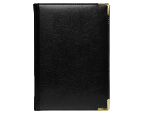 Ежедневник полудатированный Classic Pristine Gold А5, черный с золотом, с металлическими уголками, в твердой обложке с поролоном Ежедневник полудатированный Classic Pristine Gold А5, черный с золотом, с металлическими уголками, в твердой обложке с поролоном