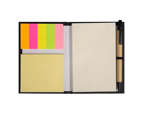 Блокнот А6  Stick and go с ручкой и набором стикеров в твердом переплете,  размер 11*14,5*1 см, черный