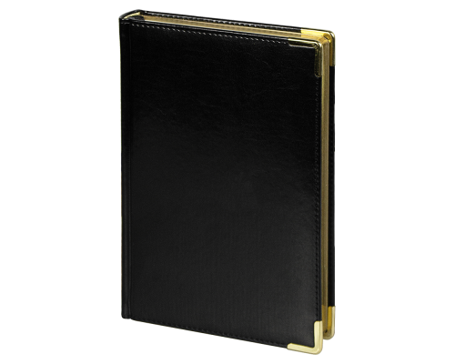 Ежедневник полудатированный Classic Pristine Gold А5, черный с золотом, с металлическими уголками, в твердой обложке с поролоном Ежедневник полудатированный Classic Pristine Gold А5, черный с золотом, с металлическими уголками, в твердой обложке с поролоном