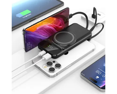 Внешний аккумулятор (powerbank) «Nova», 10 000 mAH, с тремя зарядными шнурами, c беспроводным магнитным контактом magsafe до 15W, 22,5W (Ватт) super fast charge, Power Delivery (PD) 20W (dfnn), QC3.0, черный