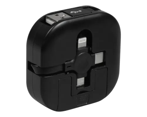 Кабель зарядный выдвижной USB Wingle 3-в-1 на Lightning, Micro-USB, Type-C «U50» 2,4 A, Quick Charge с подставкой для телефона, квадратный, черный