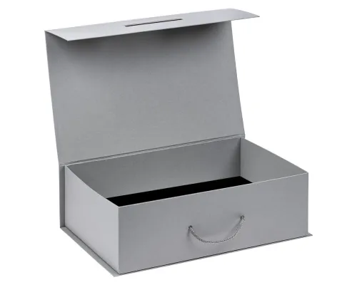 Подарочная коробка, размер 39*26,3*11 см, Solution Prestige Big Case Linen с магнитным клапаном и ручкой , с EVA ложементом 36,8*25,1*4 см под индивидуальную вырубку, серебристая