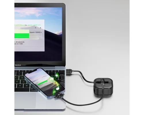 Кабель зарядный выдвижной USB Wingle 3-в-1 на Lightning, Micro-USB, Type-C «U50» 2,4 A, Quick Charge с подставкой для телефона, квадратный, черный