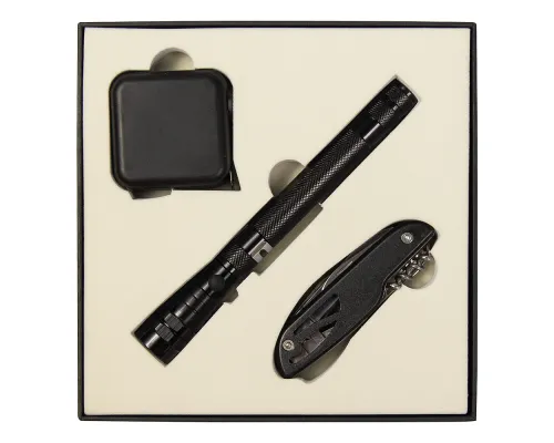 Набор подарочный Solution Superior Trio (Фонарь телескопический Tools Flashlight, рулетка Tools Master, 3 метра, нож складной многофункциональный Tools Driver, 7 в 1) черный