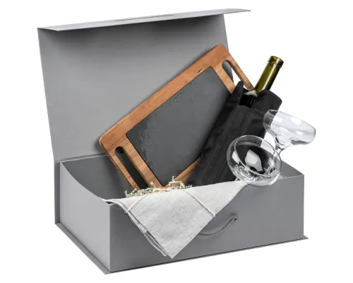 Подарочная коробка, размер 38,5*26*10,5 см, Solution Prestige Big Case Linen с магнитным клапаном и ручкой , серебристая