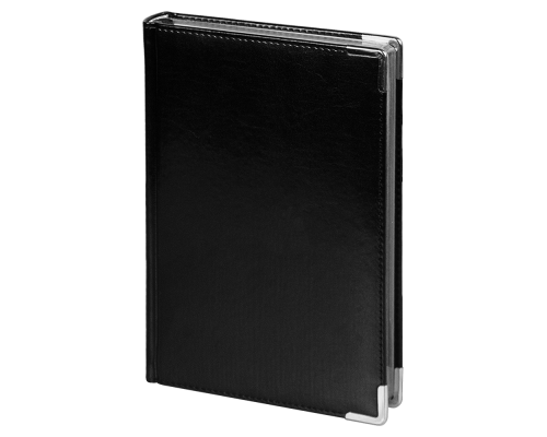 Ежедневник полудатированный Classic Pristine Silver А5, черный с серебром, с металлическими уголками, в твердой обложке с поролоном Ежедневник полудатированный Classic Pristine Silver А5, черный с серебром, с металлическими уголками, в твердой обложке с поролоном