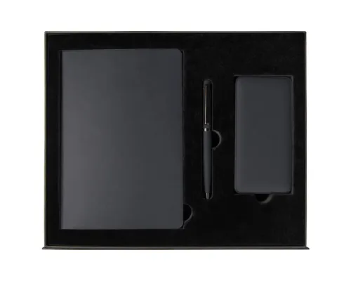 Набор подарочный Solution Prestige Trio (Ежедневник Flexy Latte Soft Touch Black Edition Color А5, Внешний аккумулятор (powerbank) «WeCharge Soft Touch», Ручка Grand Attashe металлическая,) в подарочный коробке, черный