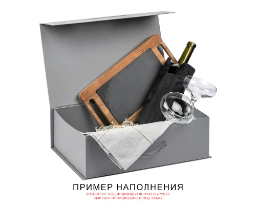 Подарочная коробка, размер 39*26,3*11 см, Solution Prestige Big Case Linen с магнитным клапаном и ручкой , с EVA ложементом 36,8*25,1*4 см под индивидуальную вырубку, серебристая