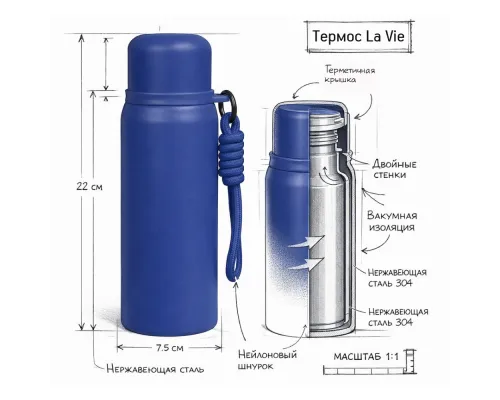 Термос вакуумный стальной La Vie с ремувкой  двухстеночный 500 мл матовый в подарочной упаковке, синий