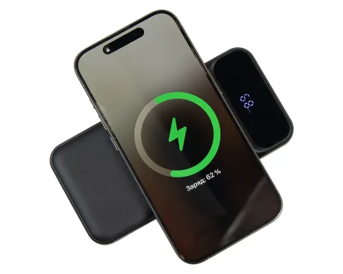 Внешний аккумулятор (powerbank) «Nova», 10 000 mAH, с тремя зарядными шнурами, c беспроводным магнитным контактом magsafe до 15W, 22,5W (Ватт) super fast charge, Power Delivery (PD) 20W (dfnn), QC3.0, черный